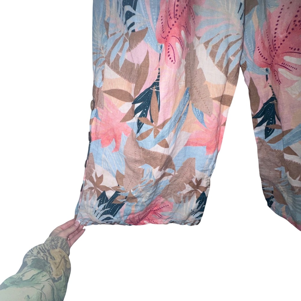 Puro Lino Italian Linen Tropical Floral Wide Leg Jumpsuit Pockets Resortwear - Picture 4 of 9